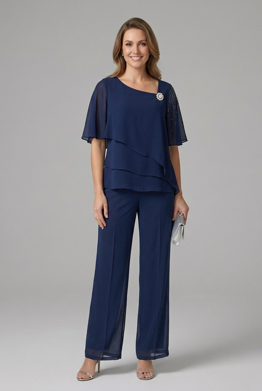 Ensemble 2 pièces femme pantalon droit top superposé col rond manches courtes