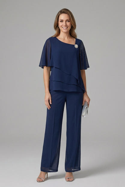 Ensemble 2 pièces femme pantalon droit top superposé col rond manches courtes