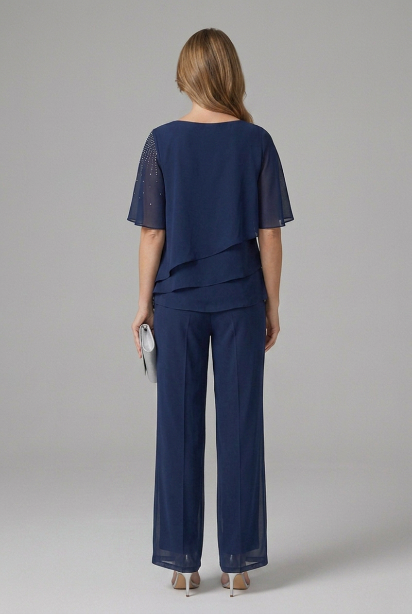 Ensemble 2 pièces femme pantalon droit top superposé col rond manches courtes