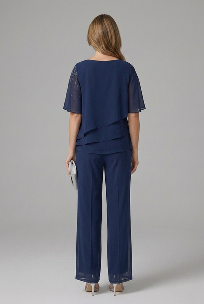 Ensemble 2 pièces femme pantalon droit top superposé col rond manches courtes