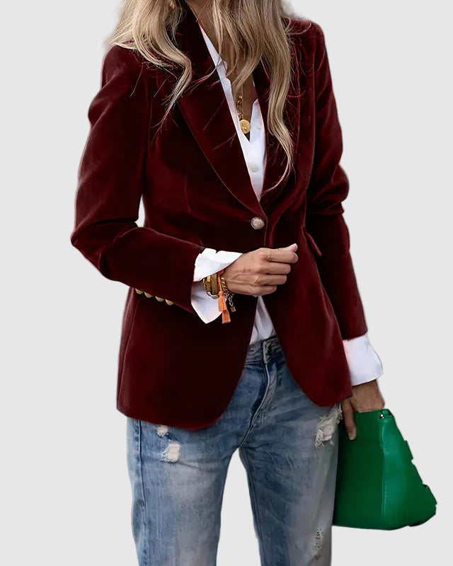 Blazer velours femme cintré col cranté, bouton unique, manches longues