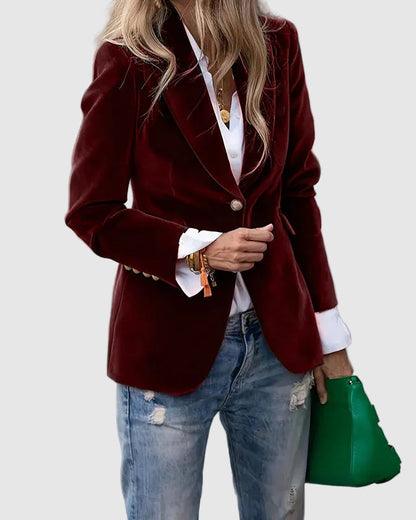 Blazer velours femme cintré col cranté, bouton unique, manches longues