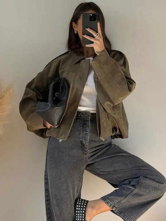 Veste Bomber Suède | Marron Vert Oversized Vintage