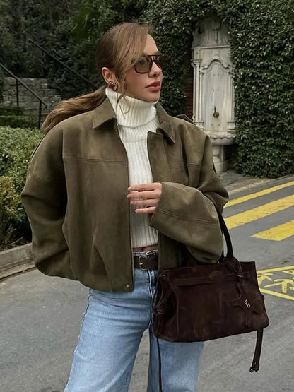 Veste Bomber Suède | Marron Vert Oversized Vintage