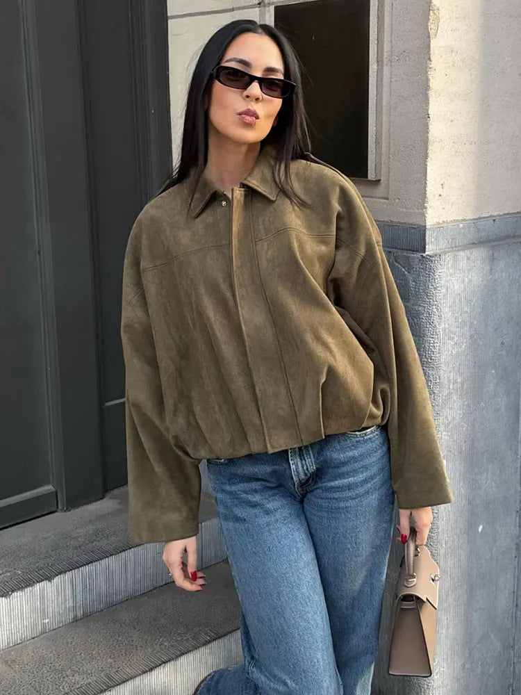 Veste Bomber Suède | Marron Vert Oversized Vintage