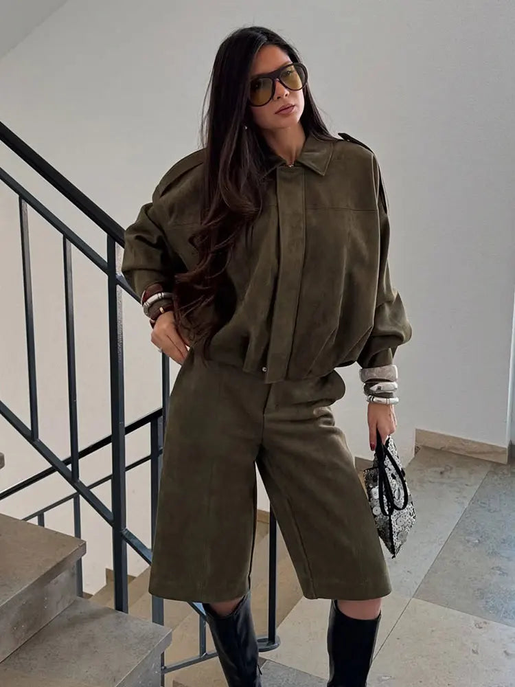 Veste Bomber Suède | Marron Vert Oversized Vintage