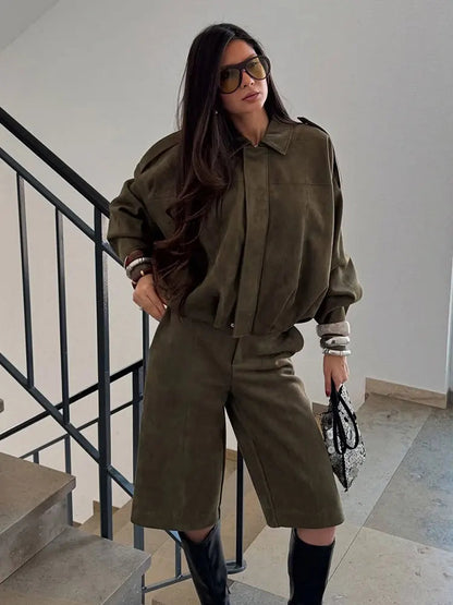 Veste Bomber Suède | Marron Vert Oversized Vintage