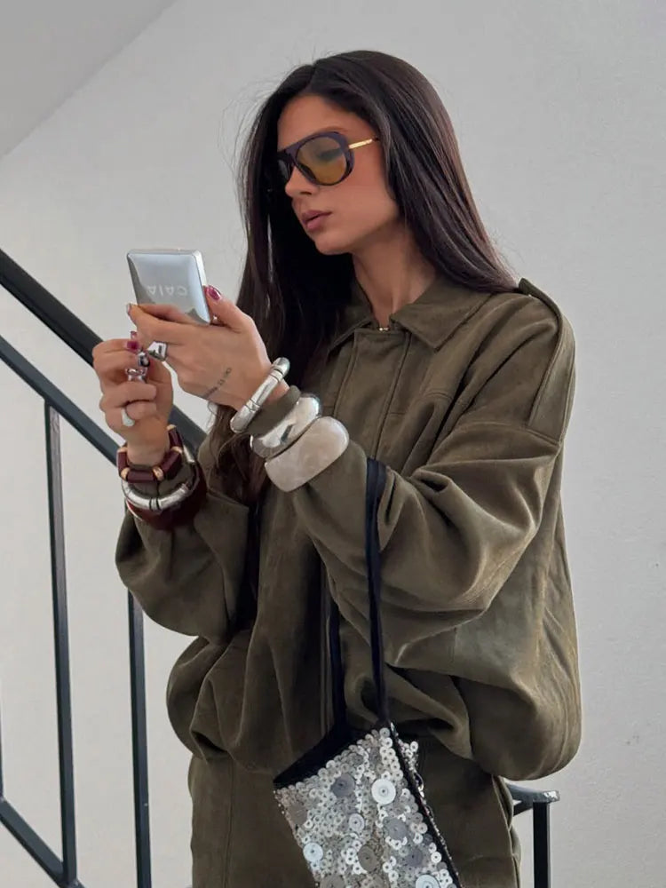 Veste Bomber Suède | Marron Vert Oversized Vintage