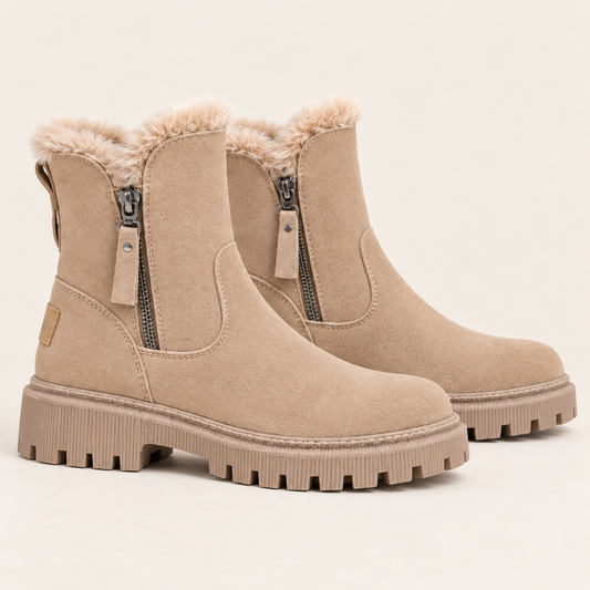 Bottines femme fourrées semelle épaisse avec fermeture éclair latérale aspect daim