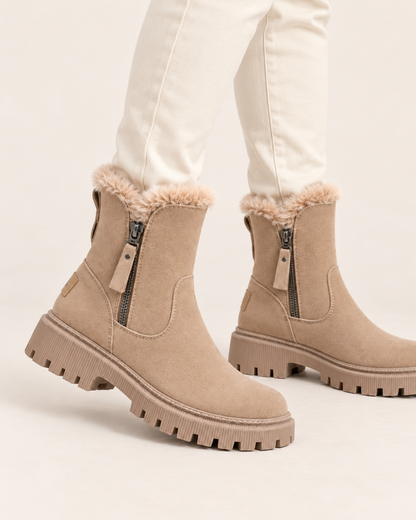 Bottines femme fourrées semelle épaisse avec fermeture éclair latérale aspect daim