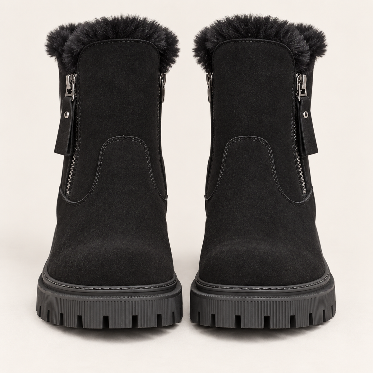 Bottines femme fourrées semelle épaisse avec fermeture éclair latérale aspect daim