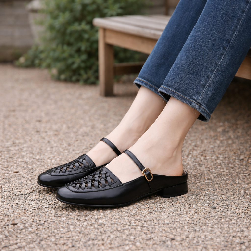 Mules Mary Jane pour femmes cuir tressé bout carré marron noir