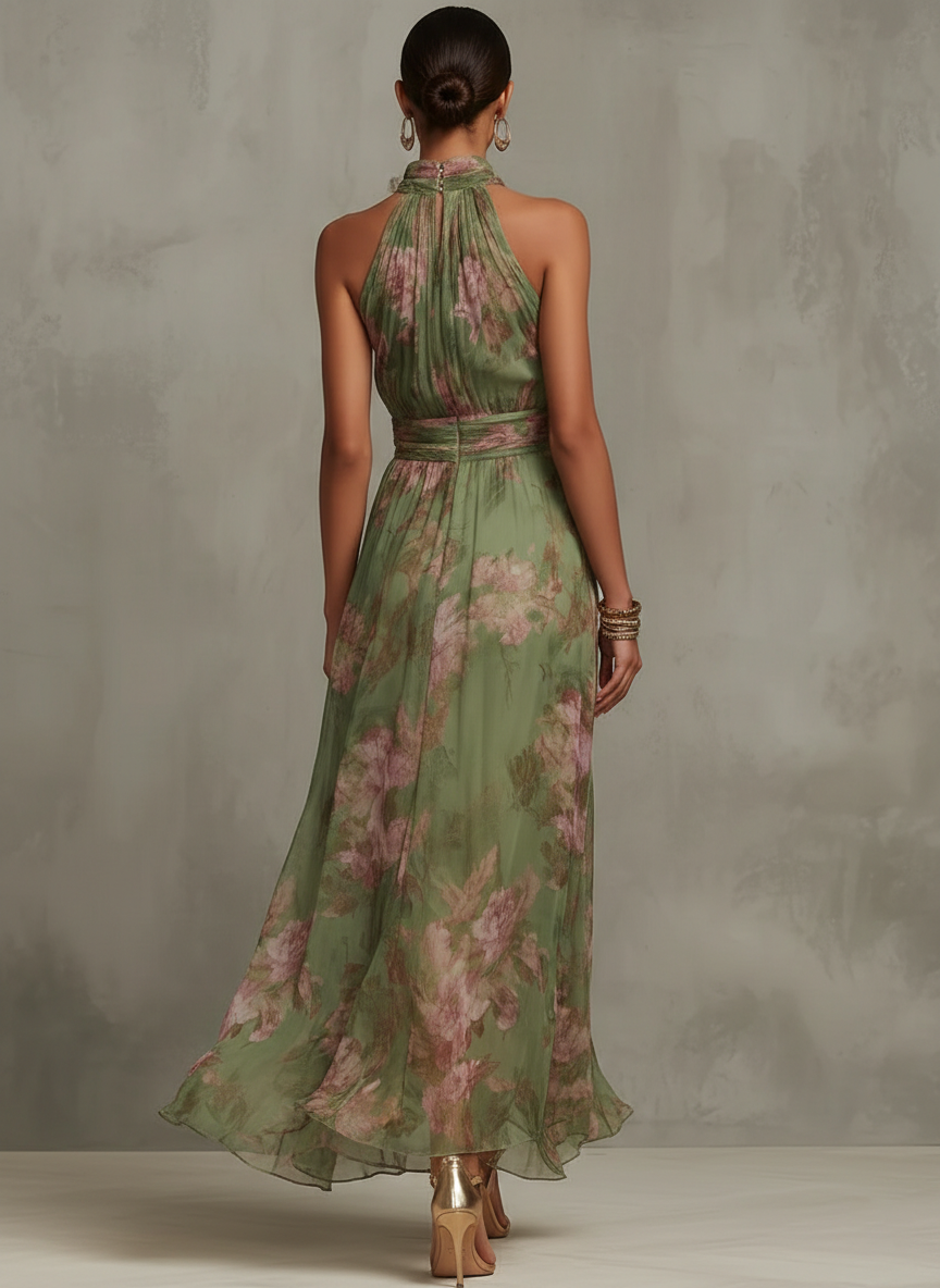 Robe longue fleurie col halter femme coupe fluide imprimé floral
