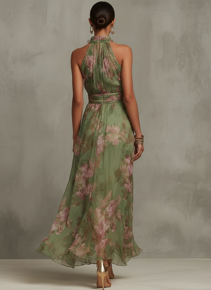 Robe longue fleurie col halter femme coupe fluide imprimé floral