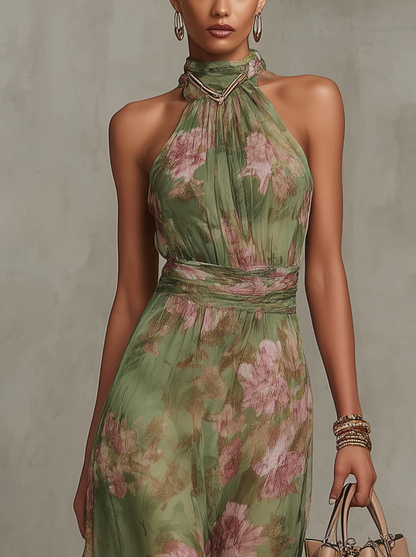 Robe longue fleurie col halter femme coupe fluide imprimé floral