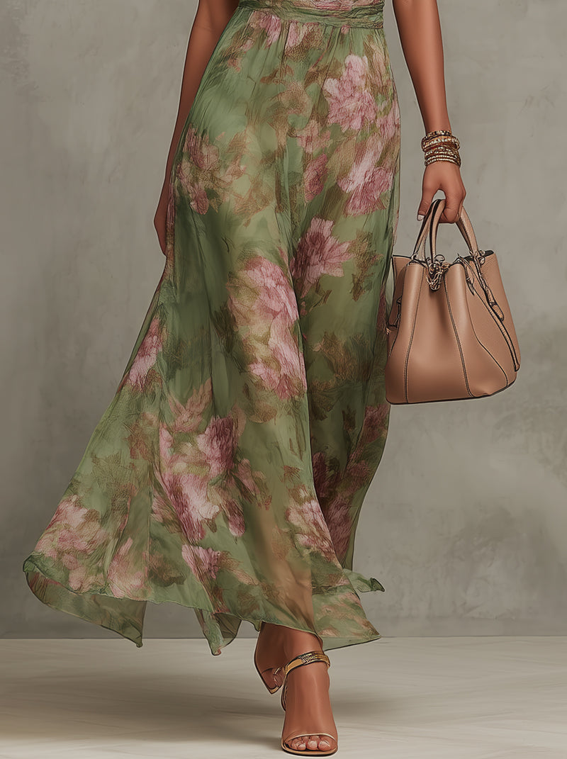 Robe longue fleurie col halter femme coupe fluide imprimé floral