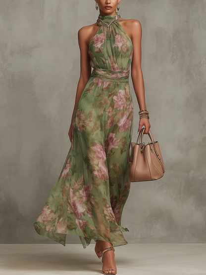 Robe longue fleurie col halter femme coupe fluide imprimé floral