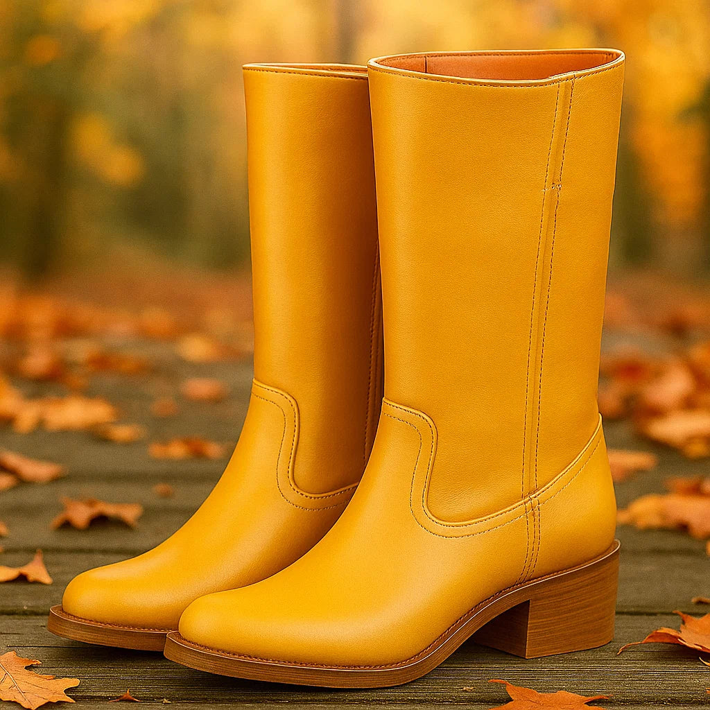 Bottes en Cuir Montantes à Talon Bloc