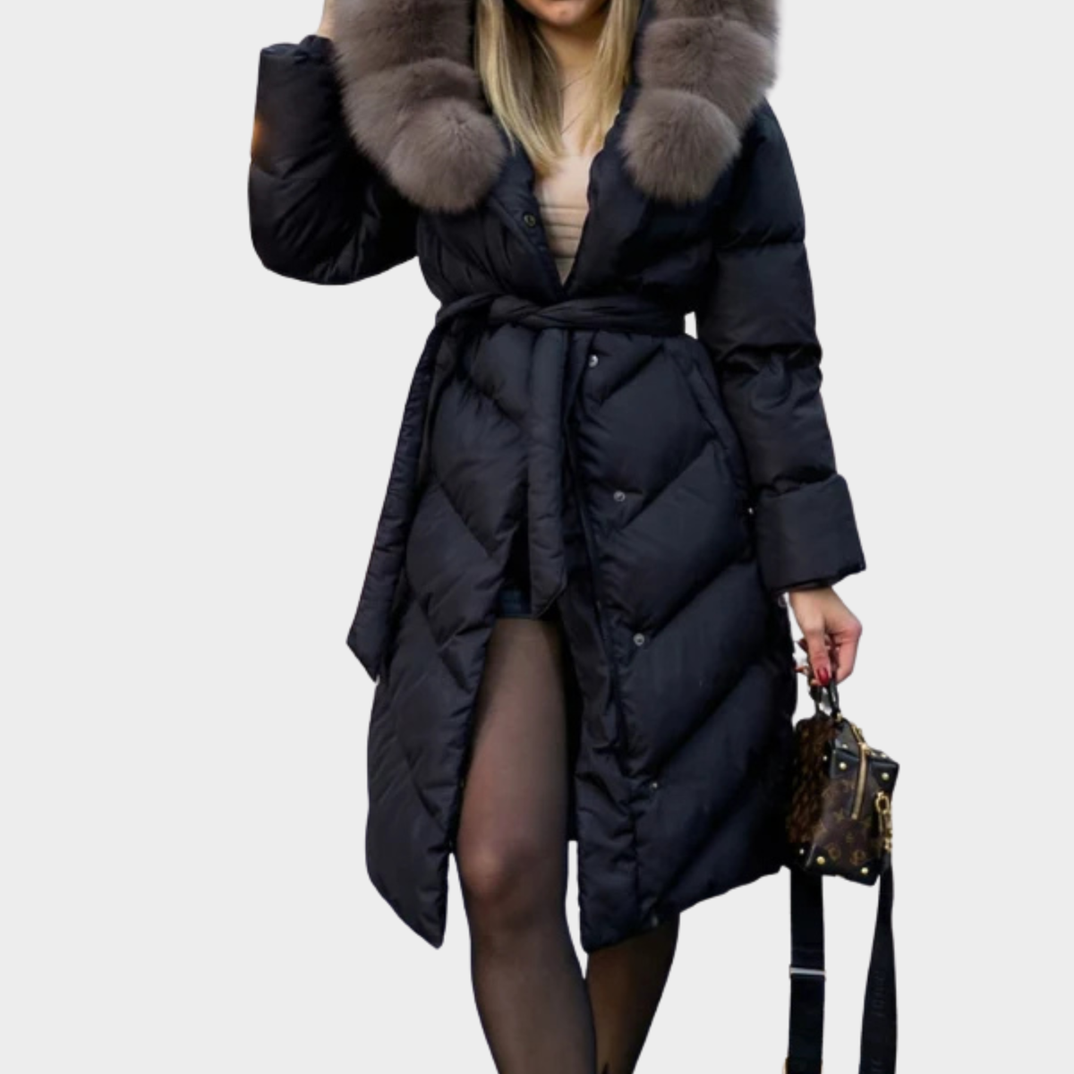 Manteau long femme hiver avec col fourrure chaud