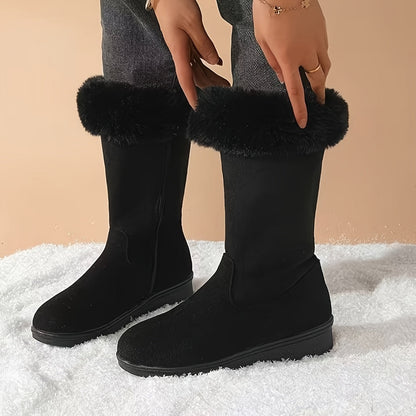 Bottes mi-mollet femme plates avec revers fourrure et zip latéral