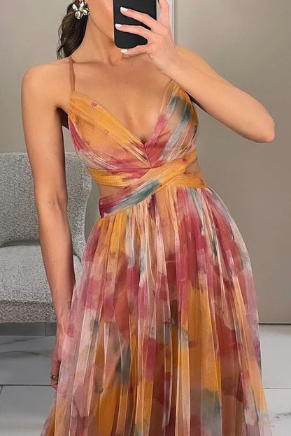 Robe de soirée maxi motif floral dos nu cintrée – Flora