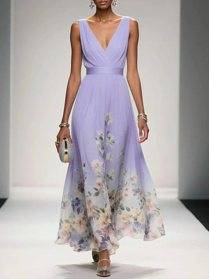 Robe florale femme invitée mariage col V silhouette fluide trapèze