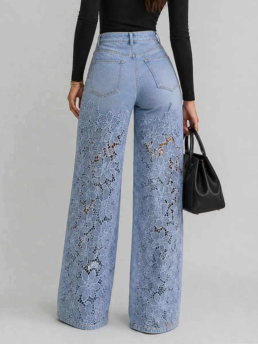 Pantalon large femme denim dentelle florale taille haute coupe jambe large