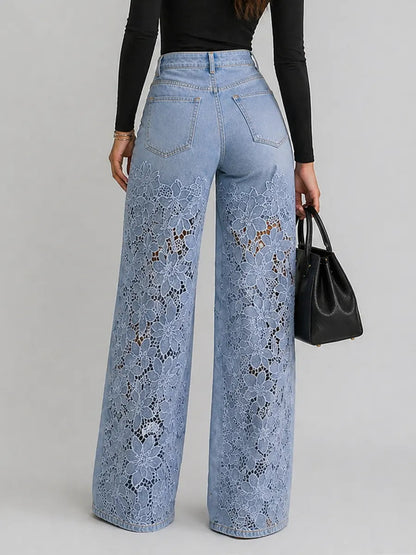 Pantalon large femme denim dentelle florale taille haute coupe jambe large
