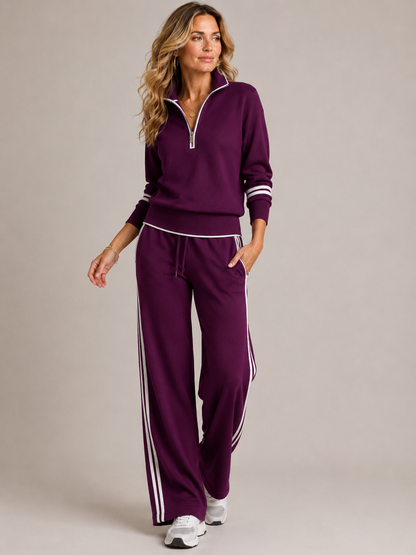 Ensemble 2 pièces femme sweat zippé et pantalon large avec rayures