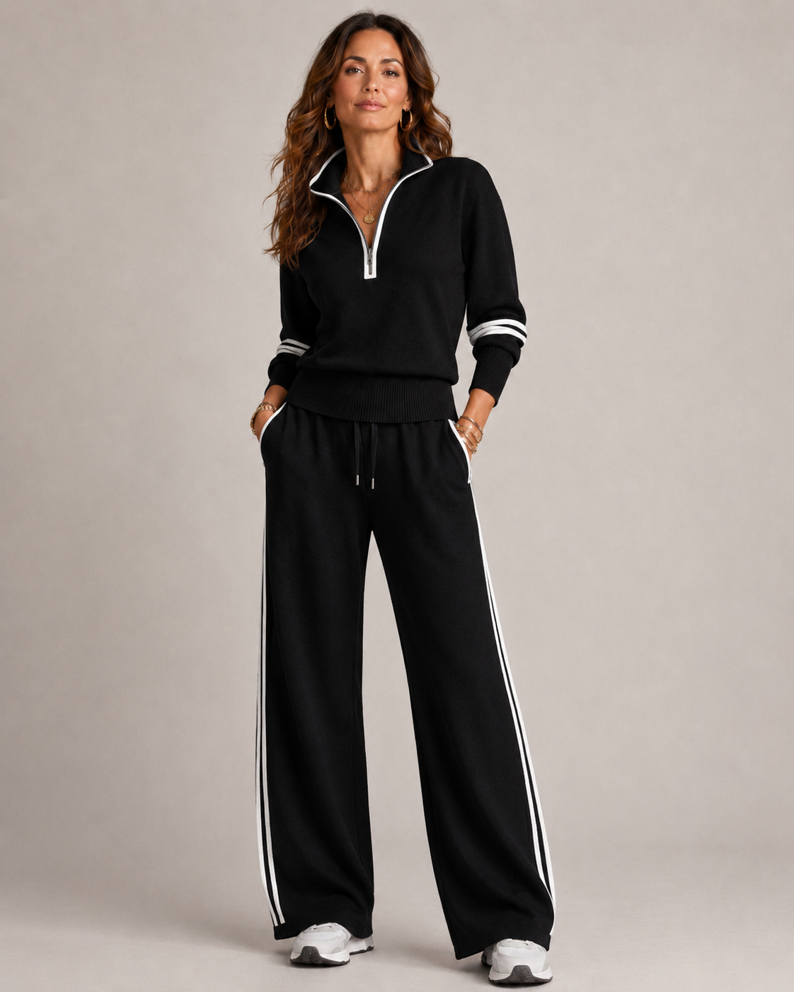 Ensemble 2 pièces femme sweat zippé et pantalon large avec rayures