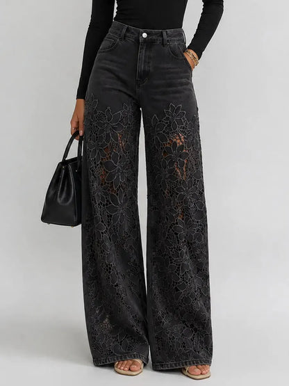Pantalon large femme denim dentelle florale taille haute coupe jambe large