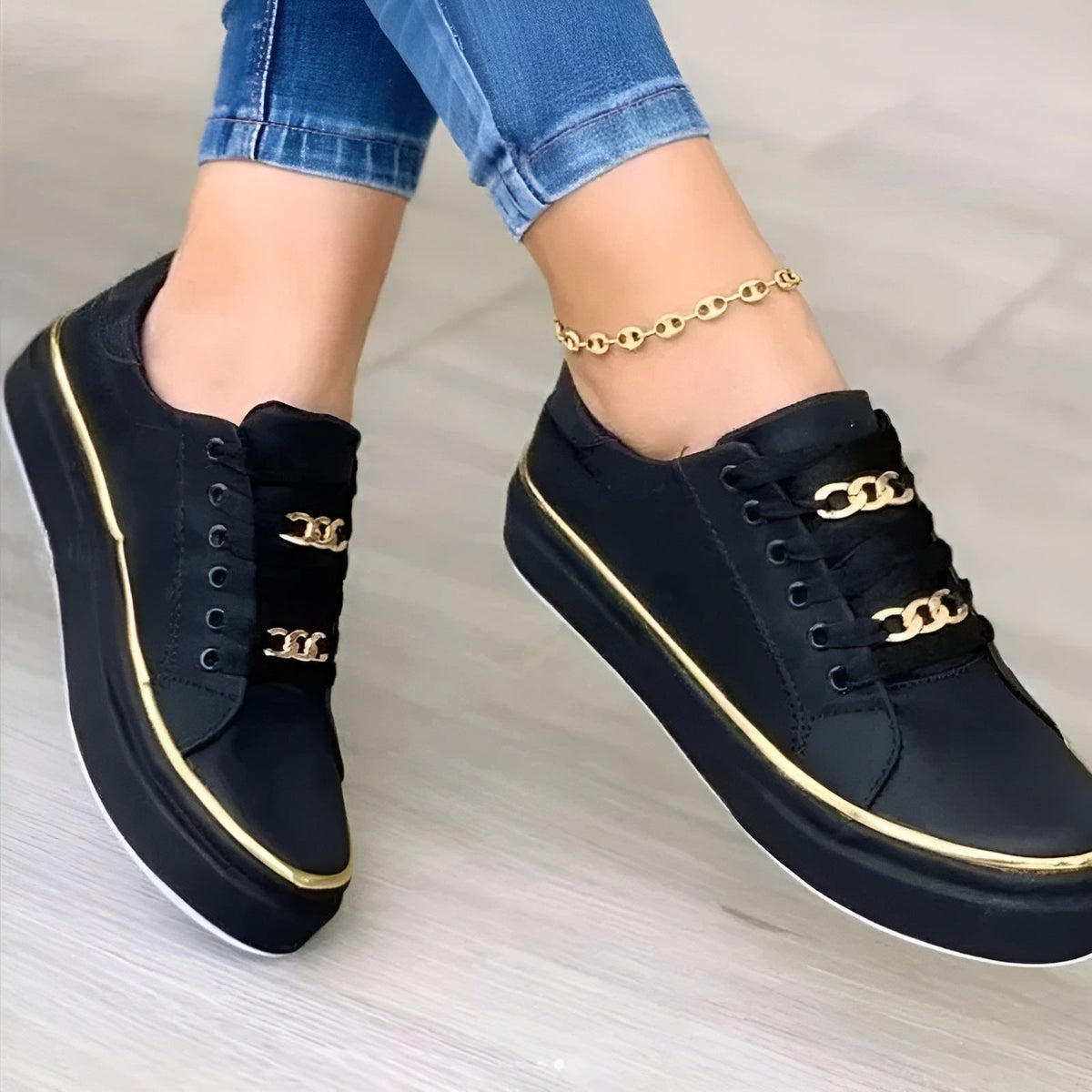 Women orthopedic sneakers lace up with golden chain accents