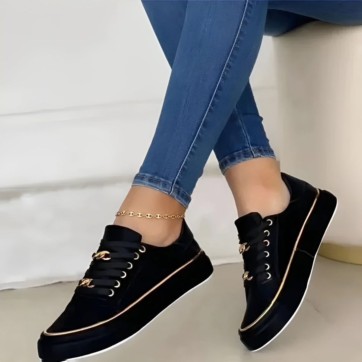 Women orthopedic sneakers lace up with golden chain accents