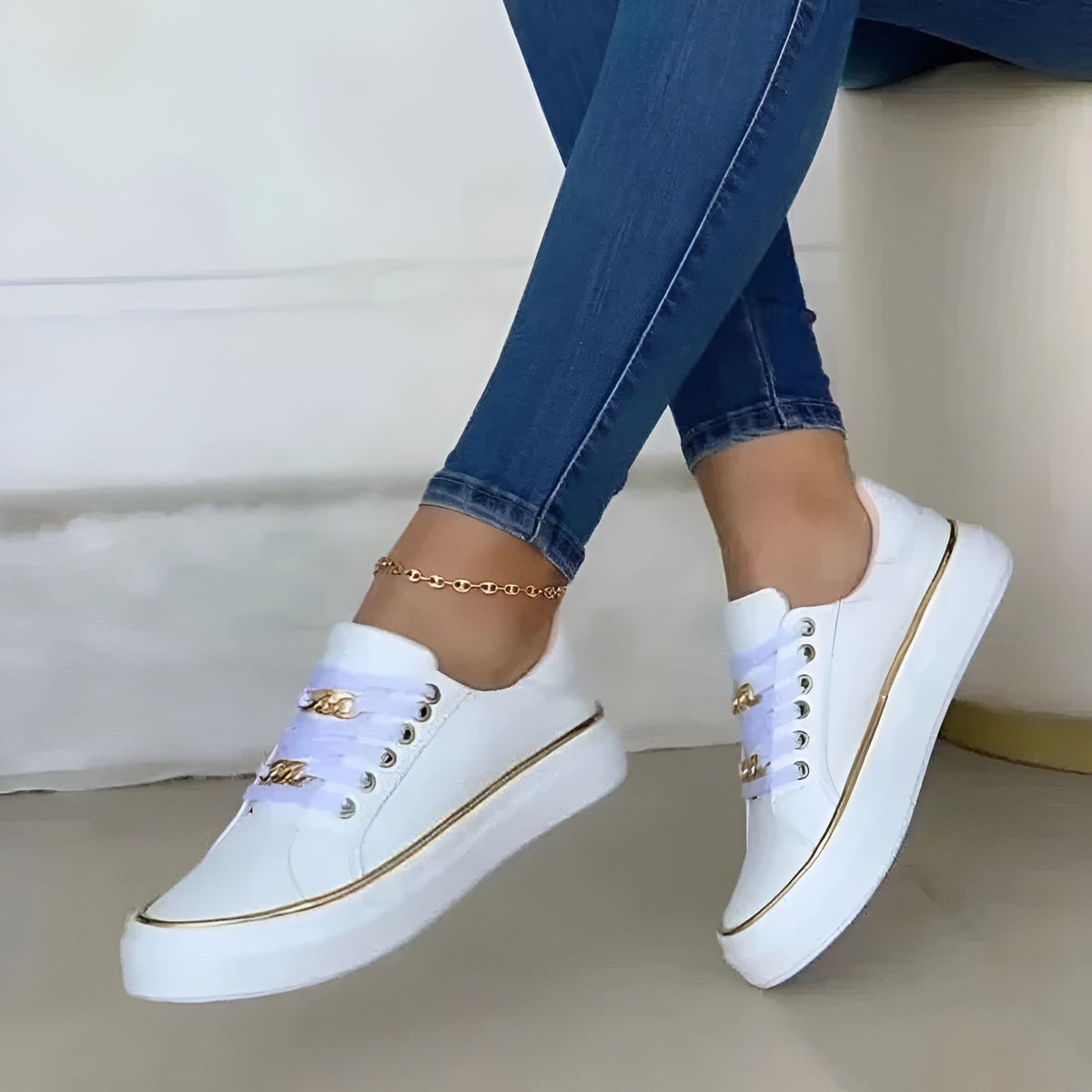 Women orthopedic sneakers lace up with golden chain accents