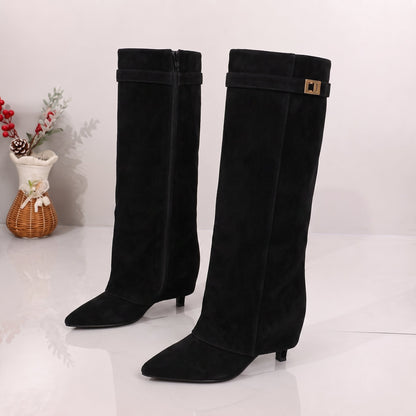 Bottes Femme Montantes | Bout Pointu, Revers | Suède Noir