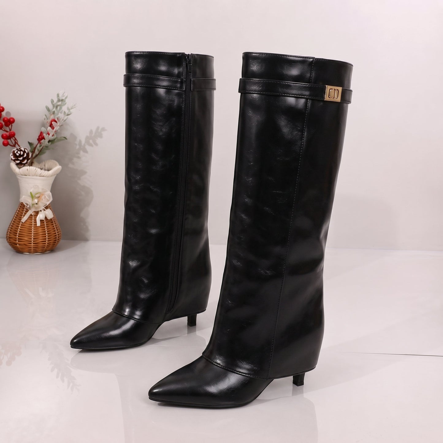 Bottes Femme Montantes | Bout Pointu, Revers | Suède Noir