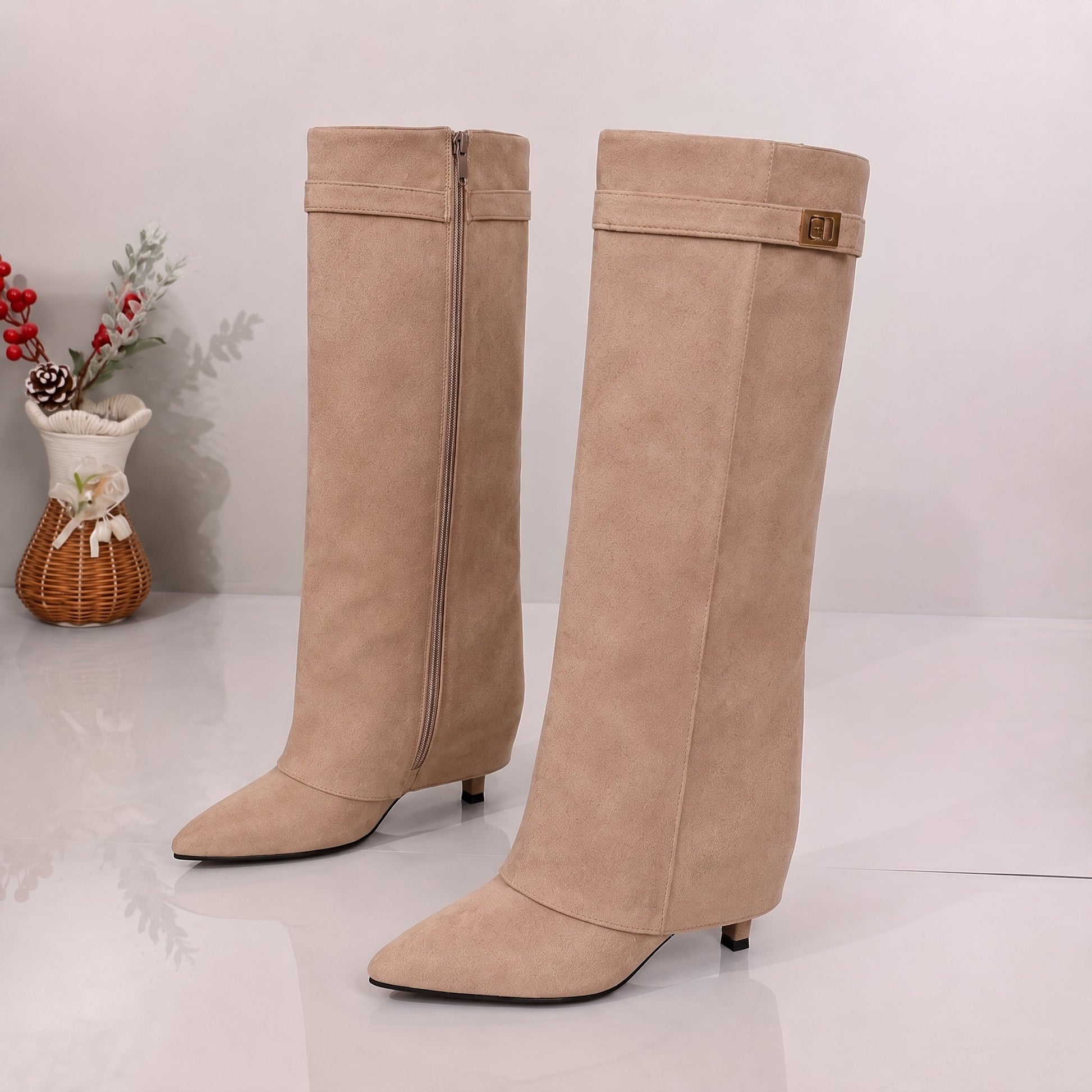 Bottes Femme Montantes | Bout Pointu, Revers | Suède Noir