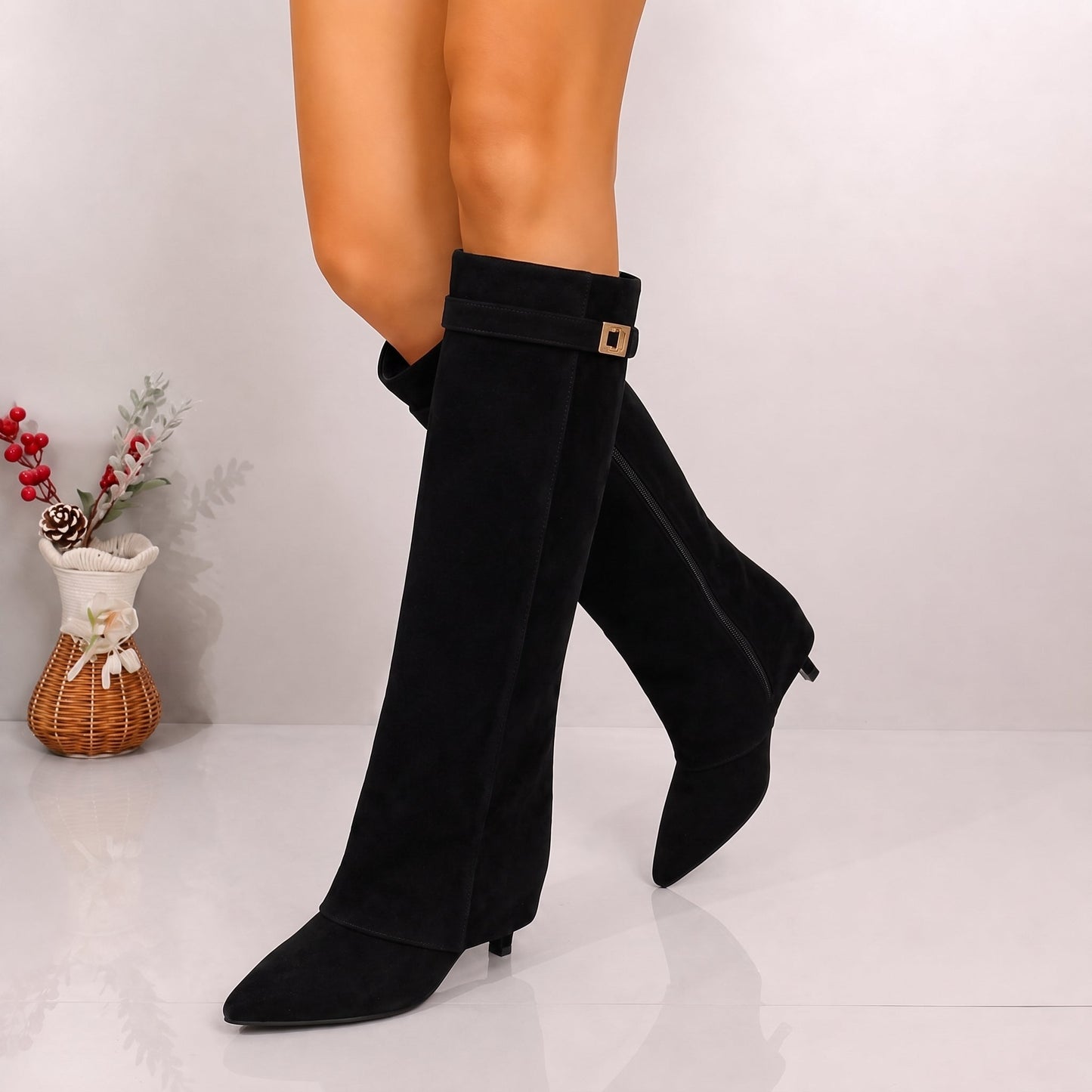 Bottes Femme Montantes | Bout Pointu, Revers | Suède Noir
