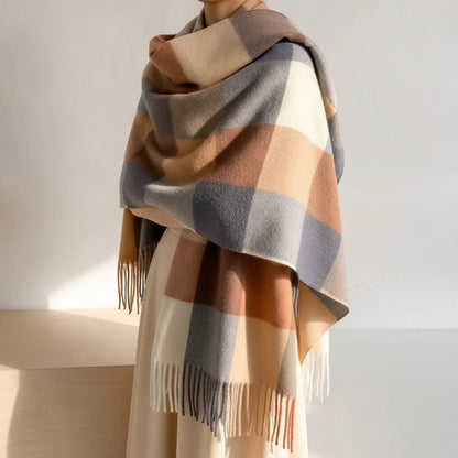 Écharpe femme laine cachemire carreaux beige bleu avec franges 30x180 cm