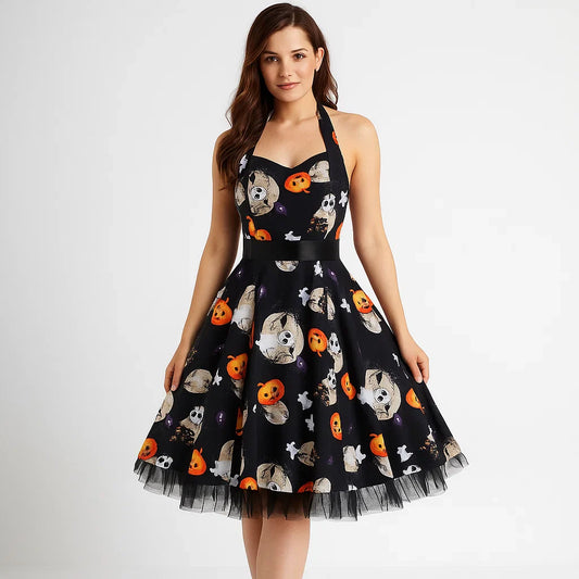 Midi-Kleid Halloween - Cartoon-Print - Einzigartiger Stil