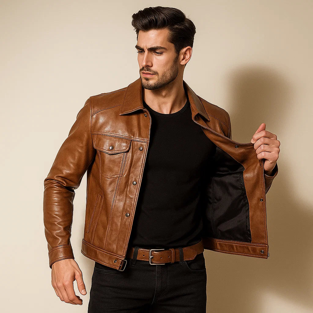 Veste de Biker Homme en Cuir Élégant
