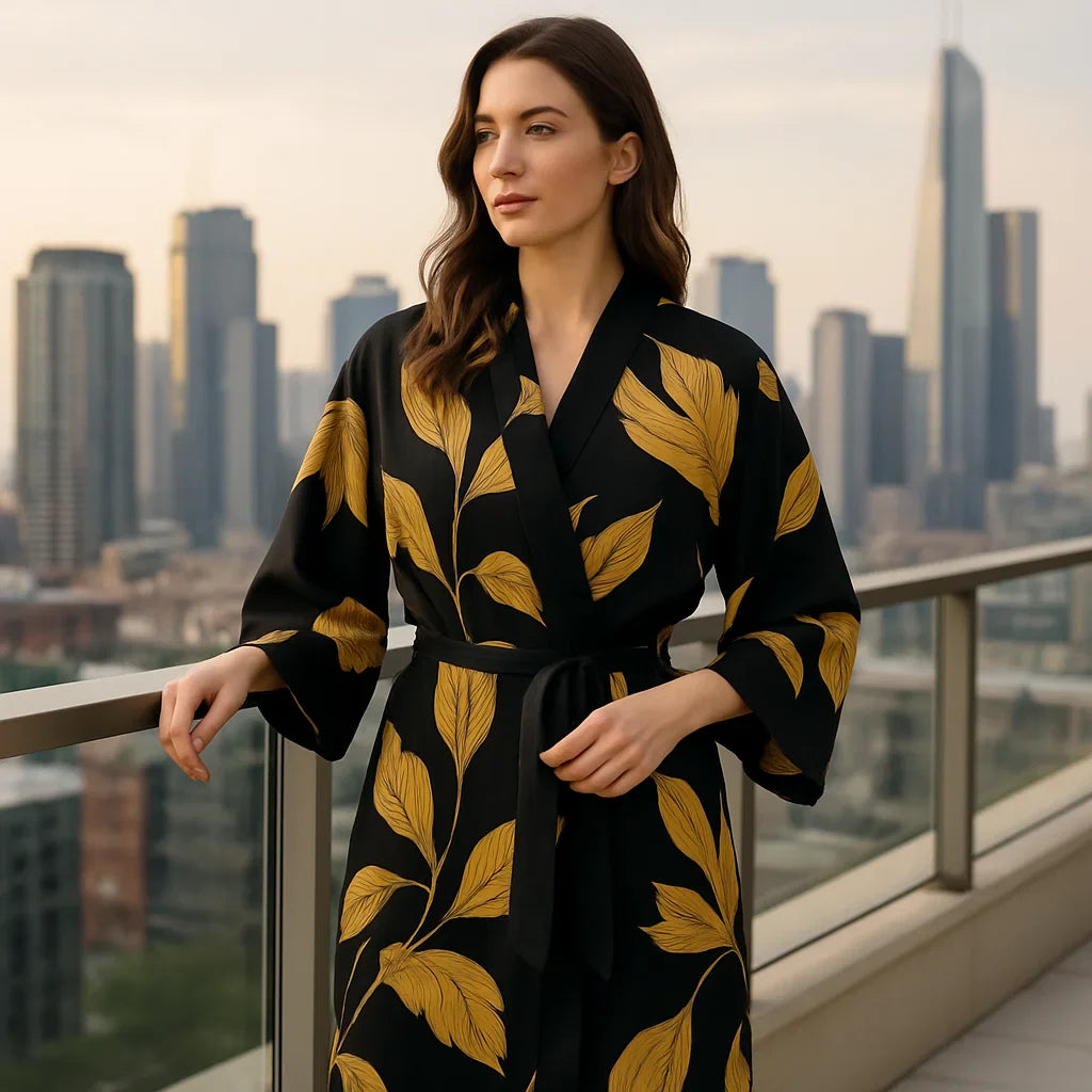 VelvetAura – Peignoir Léger Élégant avec Accents Dorés pour un Détente Stylée
