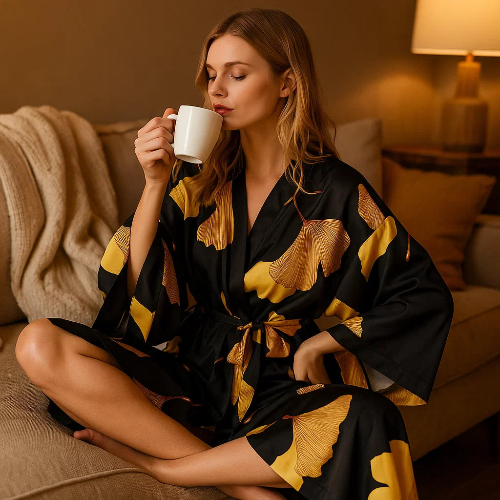 VelvetAura – Peignoir Léger Élégant avec Accents Dorés pour un Détente Stylée