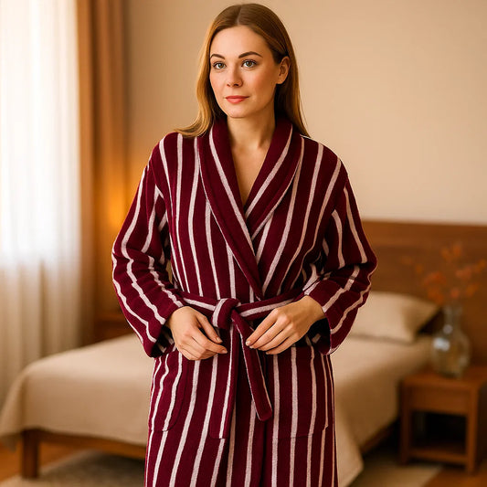 VelvetDawn – Peignoir Élégant en Coton Luxueux avec Détails Classiques à Rayures