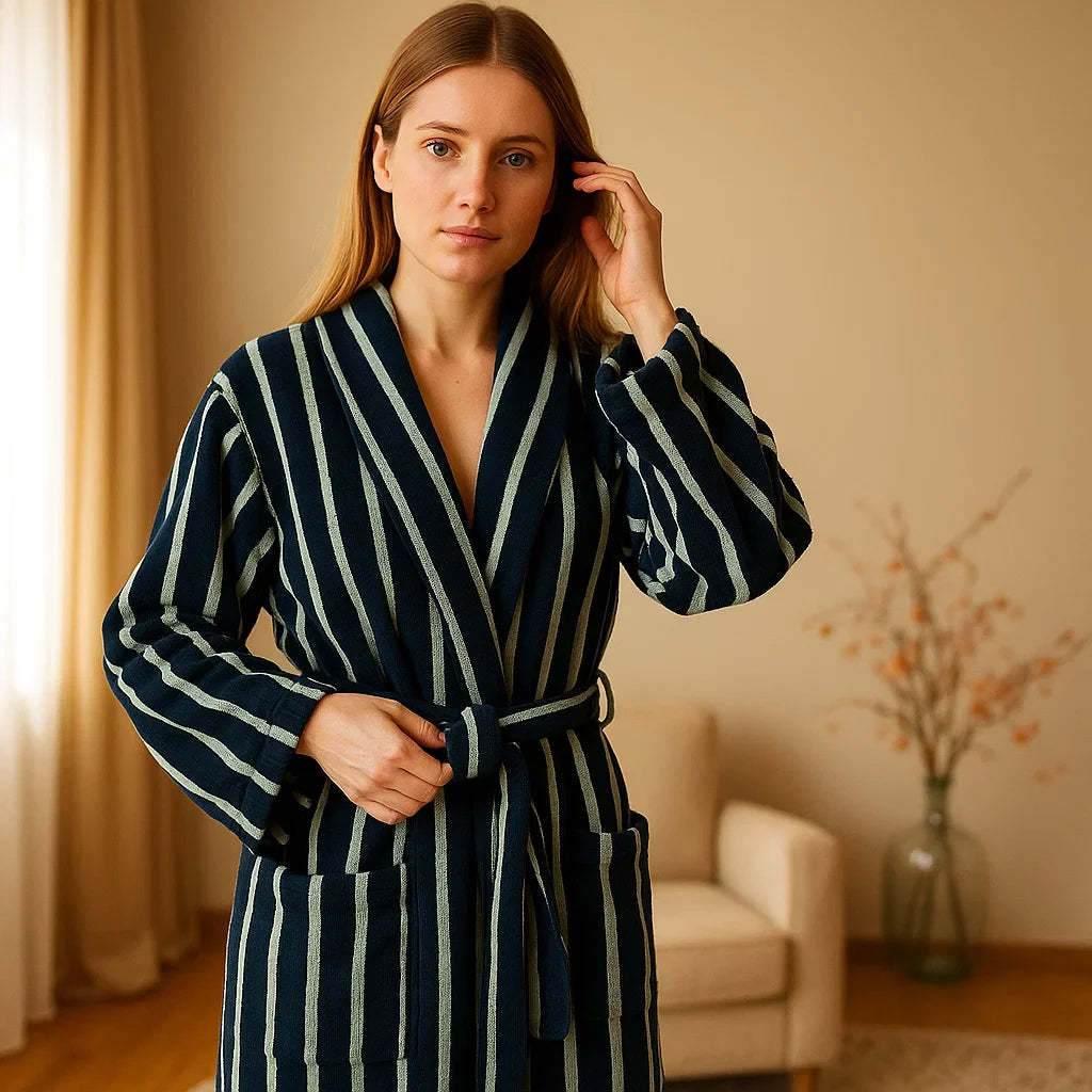VelvetDawn – Peignoir Élégant en Coton Luxueux avec Détails Classiques à Rayures