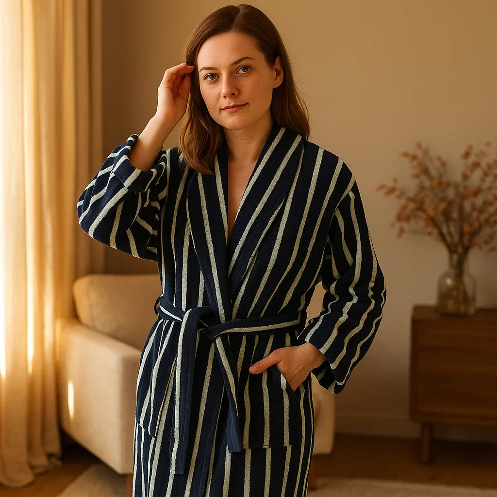 VelvetDawn – Peignoir Élégant en Coton Luxueux avec Détails Classiques à Rayures