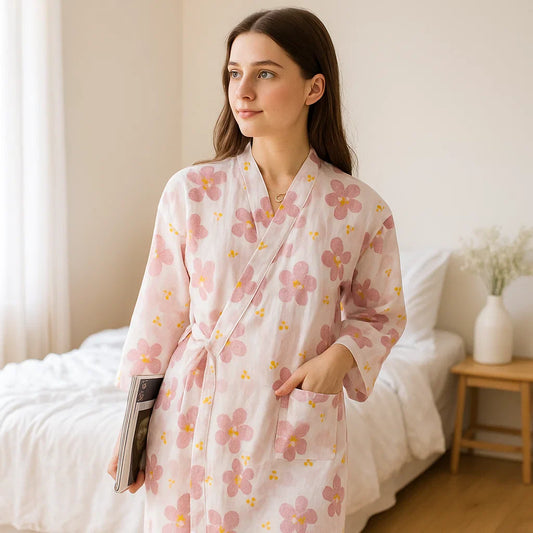 BloomLuxe – Peignoir en Coton Raffiné avec Influences Japonaises pour une Pure Détente