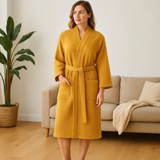 SereneLuxe – Peignoir en Coton à Texture Waffle avec Décolleté Élégant en V