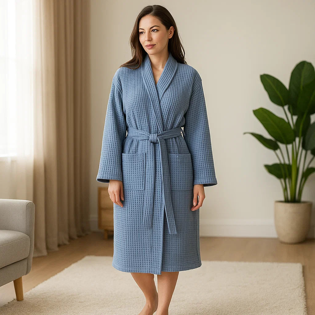 SereneLuxe – Peignoir en Coton à Texture Waffle avec Décolleté Élégant en V