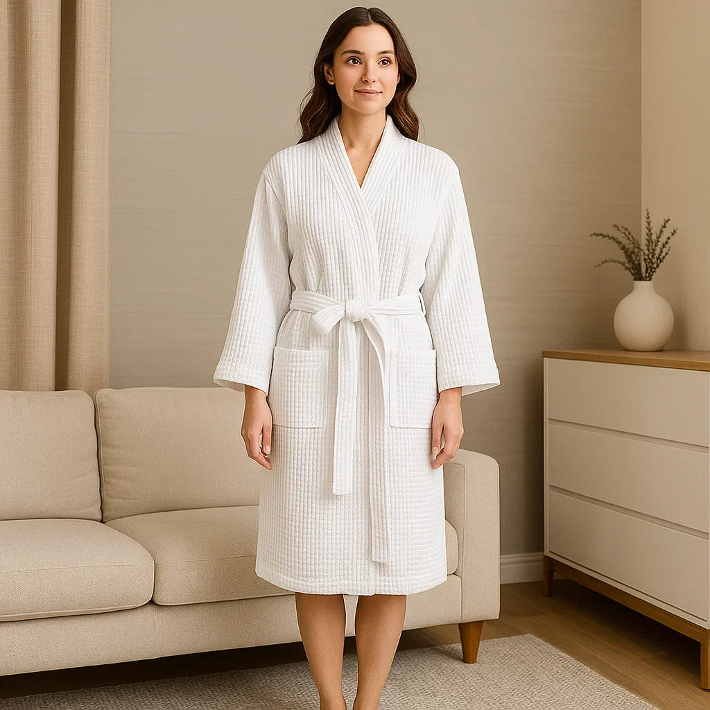 SereneLuxe – Peignoir en Coton à Texture Waffle avec Décolleté Élégant en V